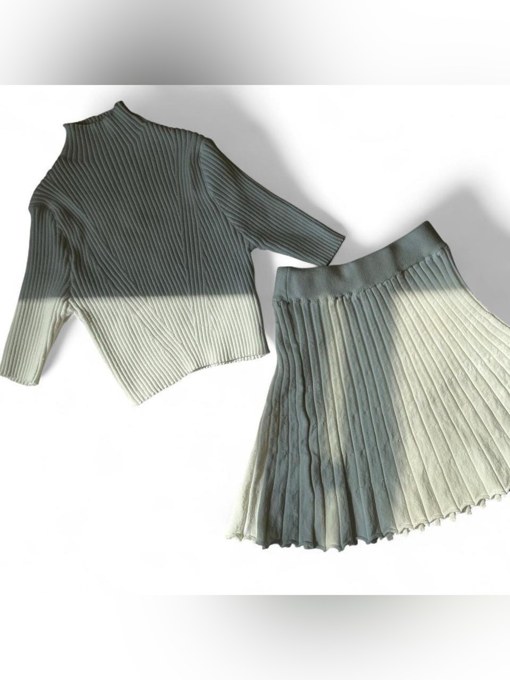 White Ribbed Pleated Skirt Set